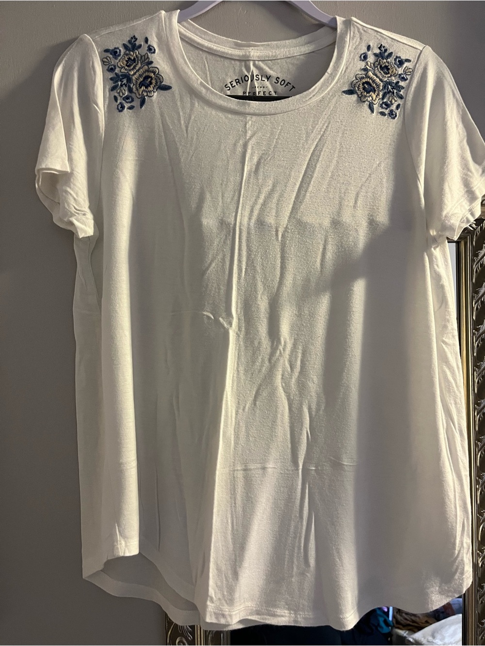 Aeropostale White Short Sleeve Tee with Blue Floral Shoulder Embroidery